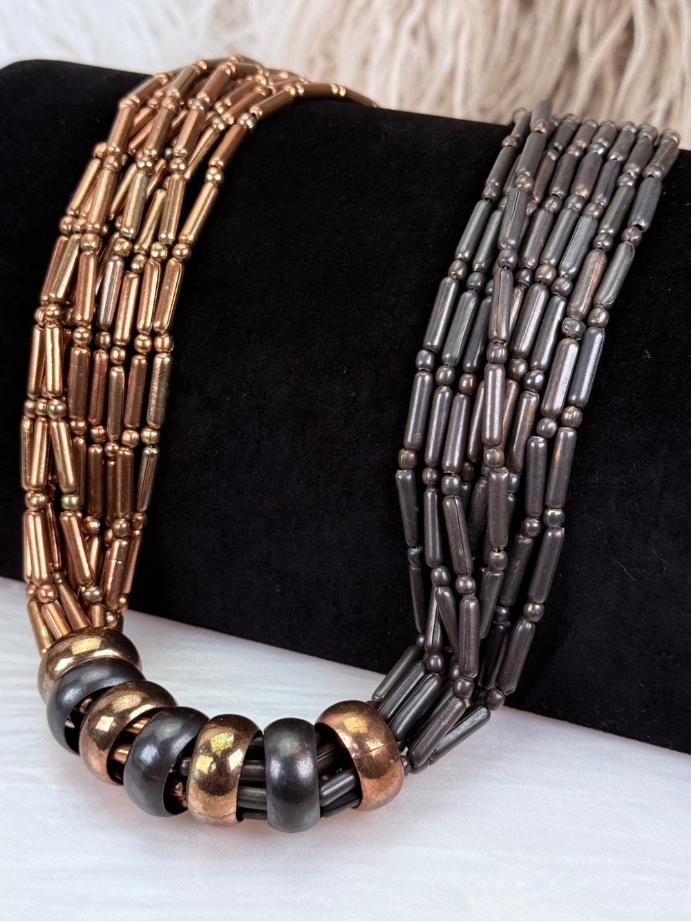 Beautiful, two-tone, gunmetal weighted, multichain, long layering necklace